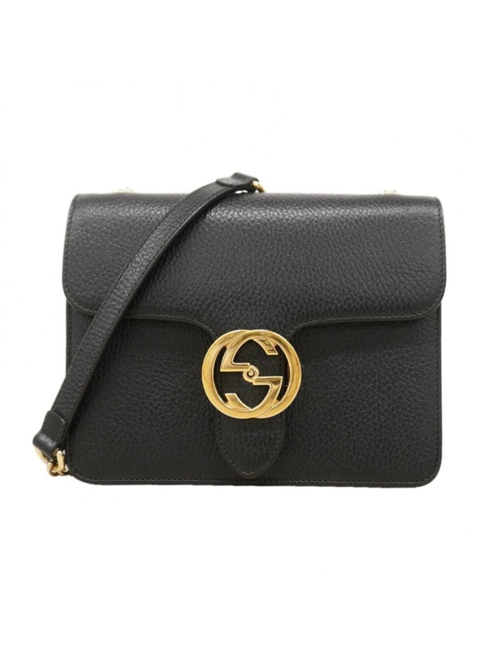 Gucci Shoulder Bag Interlocking Leather Black Champagne Gold